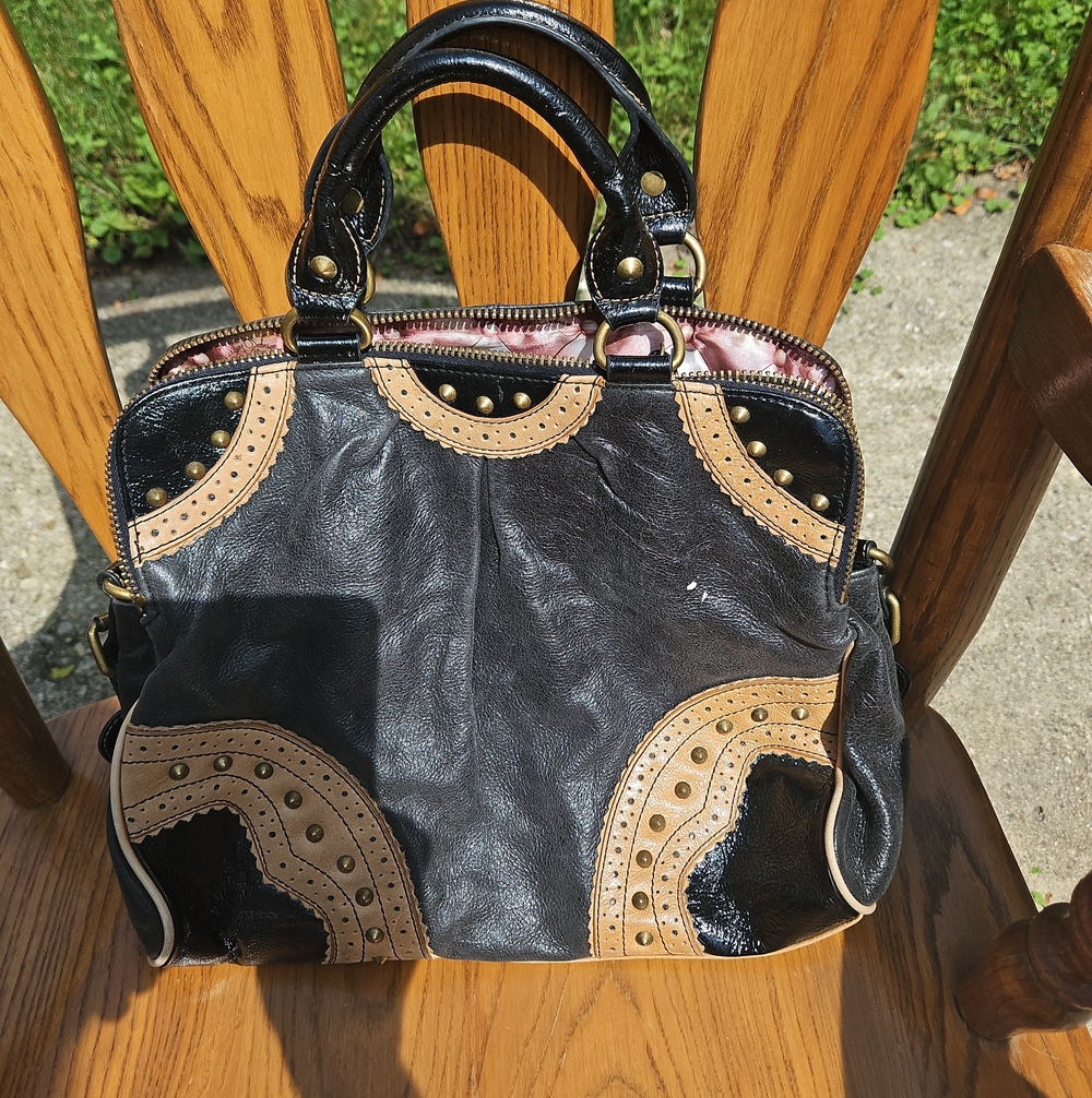 Black and Tan Studded Leather Satchel - Betsey Johnson